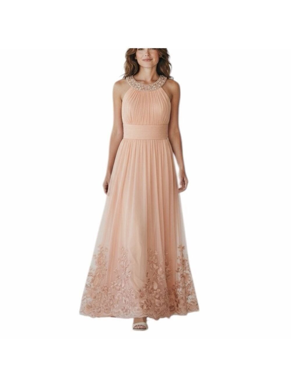 Jessica Howard Embellished Neckline Ruched Waist Floral Embroidery Blush Maxi 4P